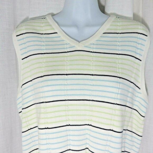Izod Golf M White Blue Green Striped Sweater Vest - Picture 1 of 4
